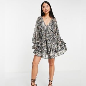 ASOS DESIGN mini smock dress with tie waist jacquard print chiffon US Size 6